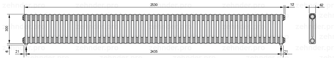 Схема (чертеж) Радиатор Zehnder Charleston 2030/55 №3570 Белый глянцевый RAL 9016